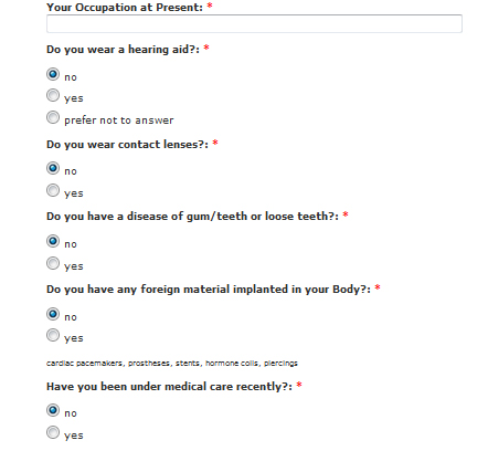 Questionnaire for anaesthesia